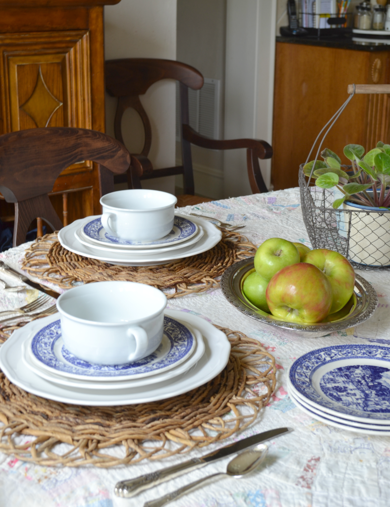 blue and white table scape