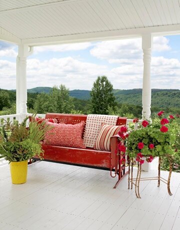 red porch couch