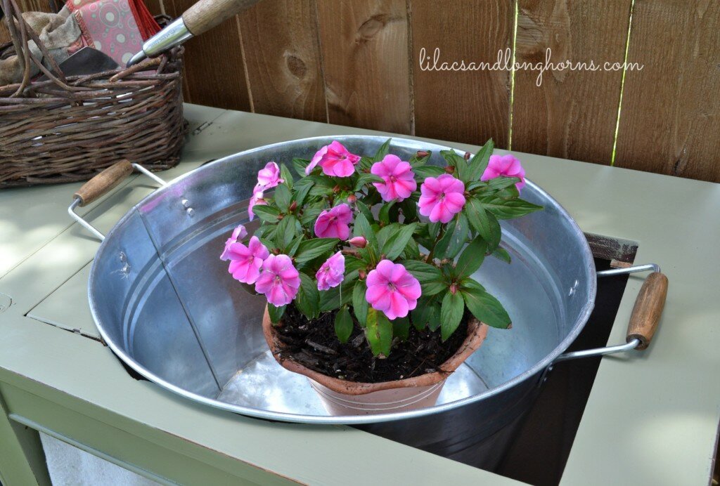 galvanized tub in potting bench