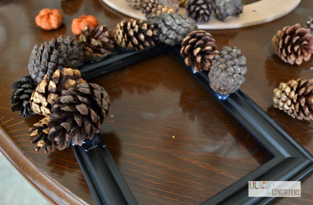 gluing pine cones to a frame