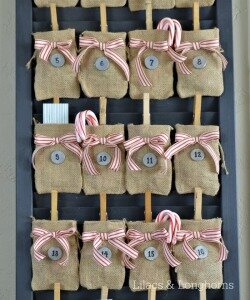 Clip burlap bags to a louvered door to make the perfect easy no-sew advent calendar!