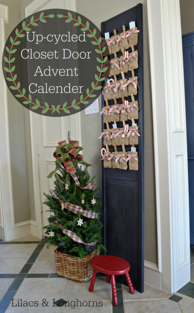 Up-cycled closet door with louvers makes it the perfect place for an advent calender!