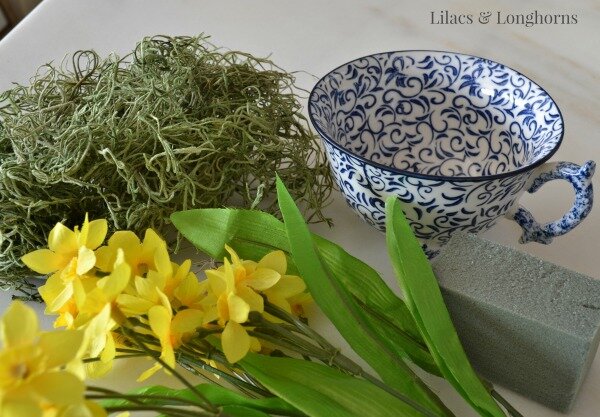 supplies to make daffodils in a tea cup