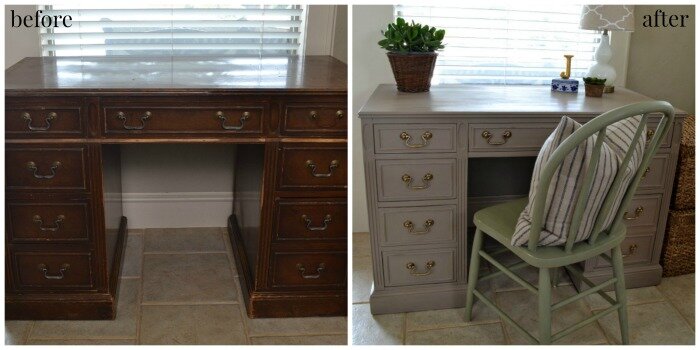 before and after of an old desk and the results