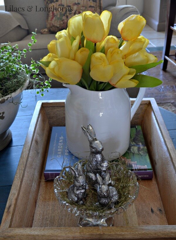 silver bunnies with tulips