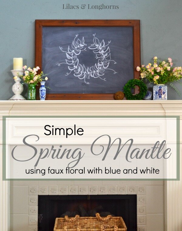 simple spring mantle with fresh blooms and blue and white