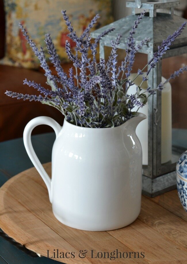 white pitcher with lavender